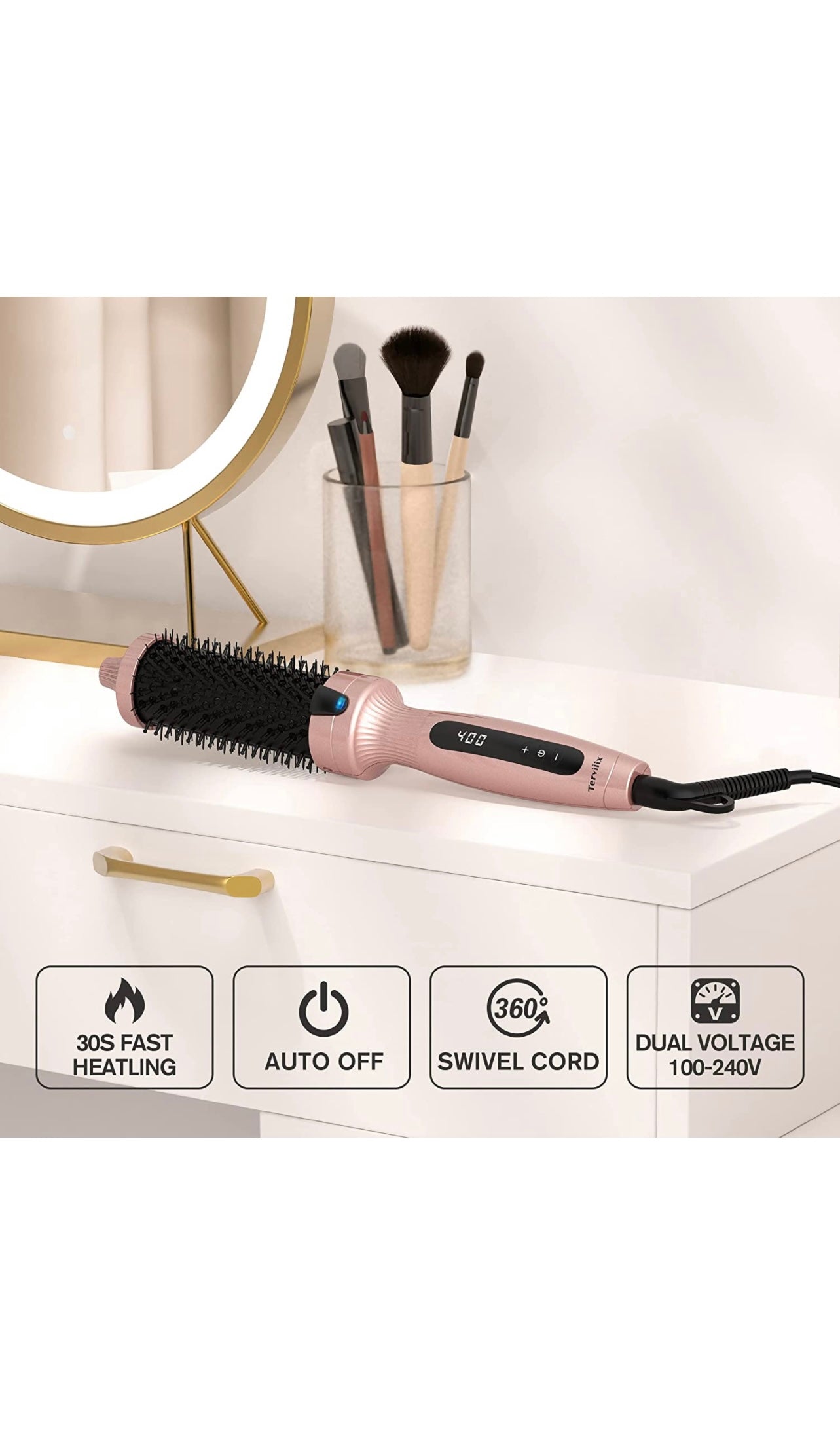 Terviiix Thermal Brush Get Voluminous Style, Quick Heating Hot Brush, Ceramic Tourmaline Ionic Heated Curling Iron, Digital Display 9 Temperatures Curling Wand, Dual Voltage, 1.5 Inch